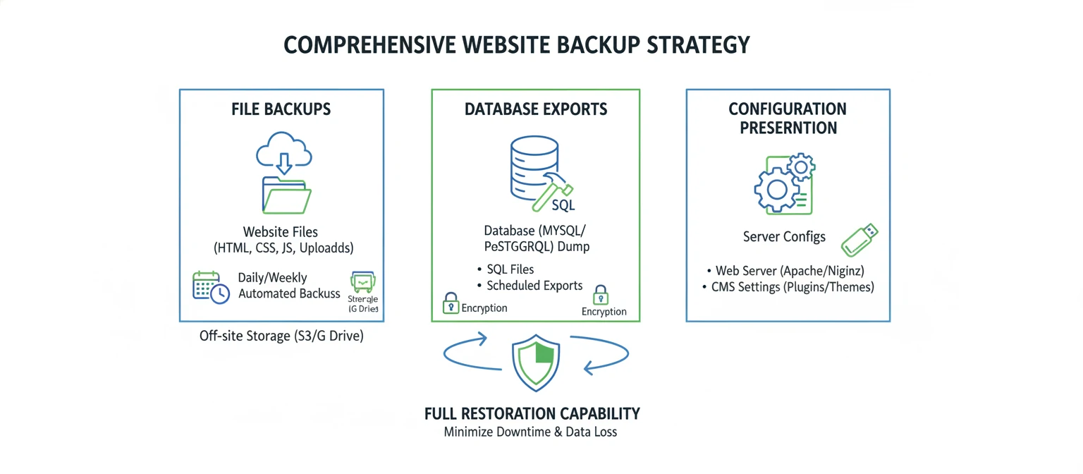 Comprehensive website backup strategy infographic showing file backups