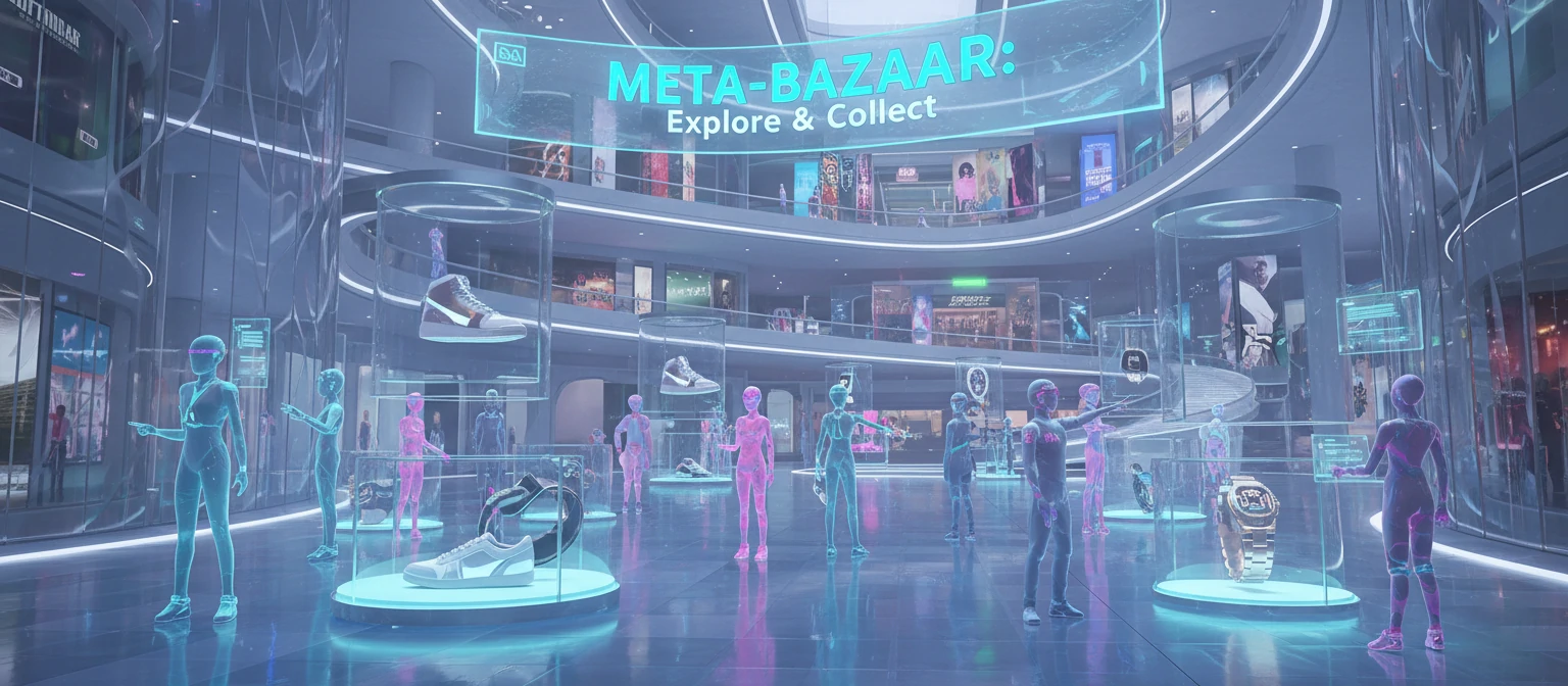 Concept visualization of a virtual store in the metaverse with 3D products and avatars shopping