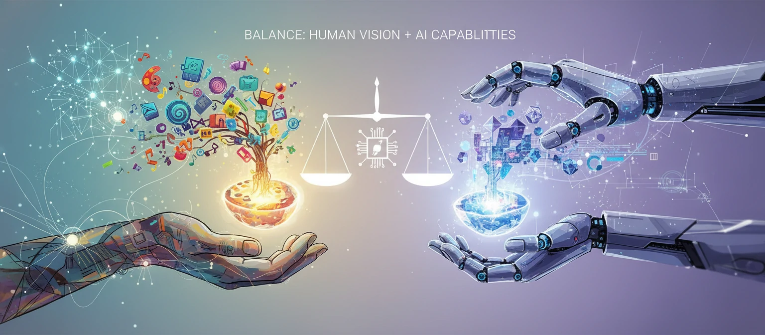 Conceptual illustration showing balance between human creativity and AI assistance