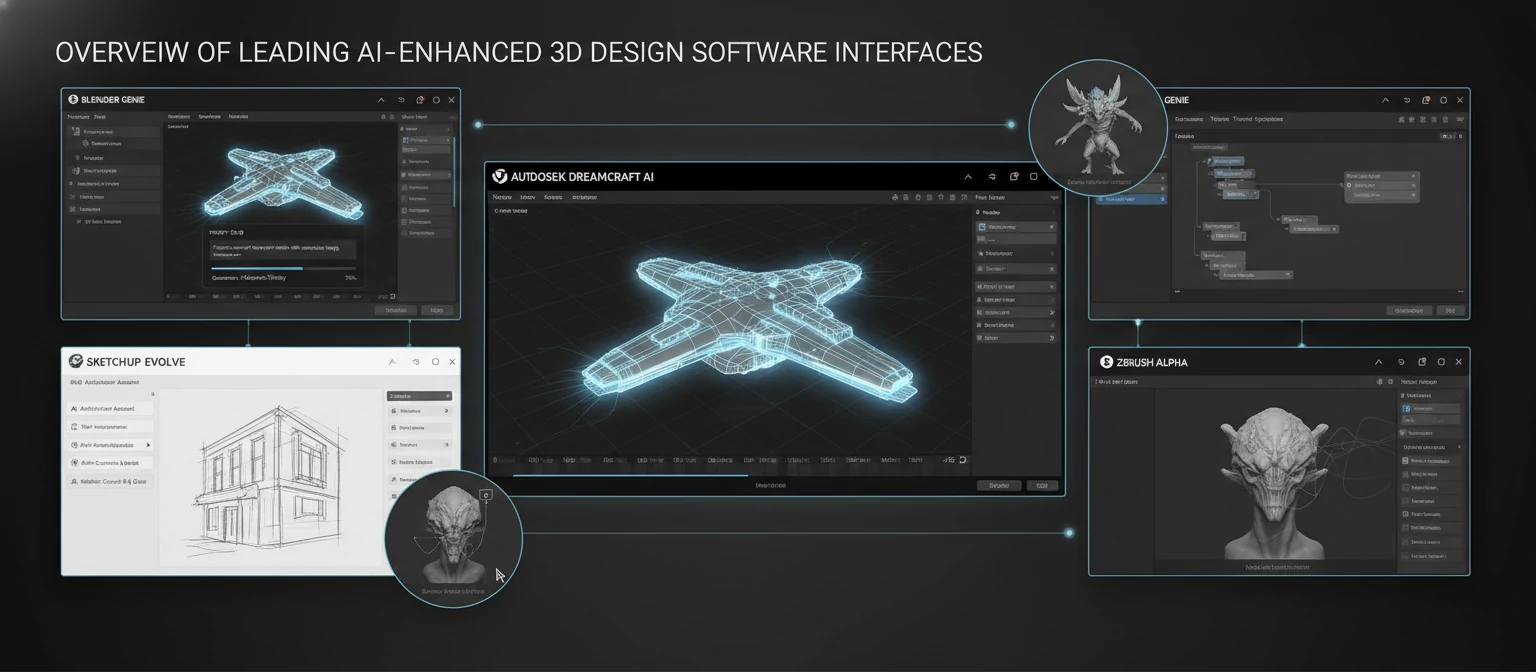 Dashboard screenshot montage showing interfaces of major AI-powered 3D design tools