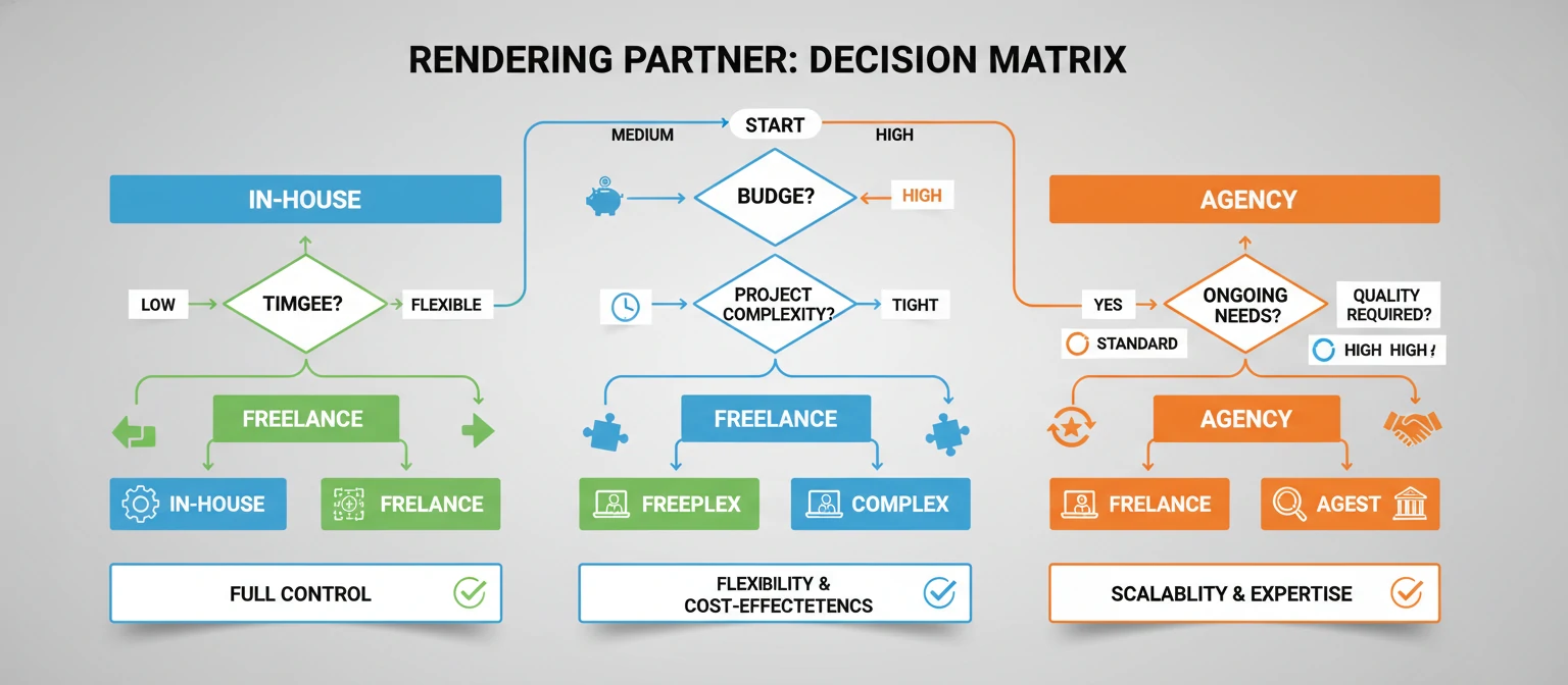 Decision Matrix An infographic-style decision tree or flowchart helping readers choose between in-house, freelance, or agency rendering