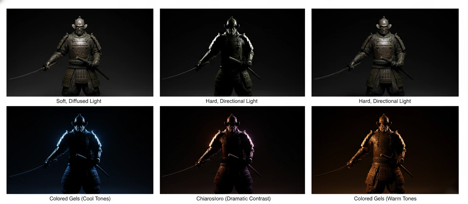 Demonstration of different lighting setups on the same 3D model