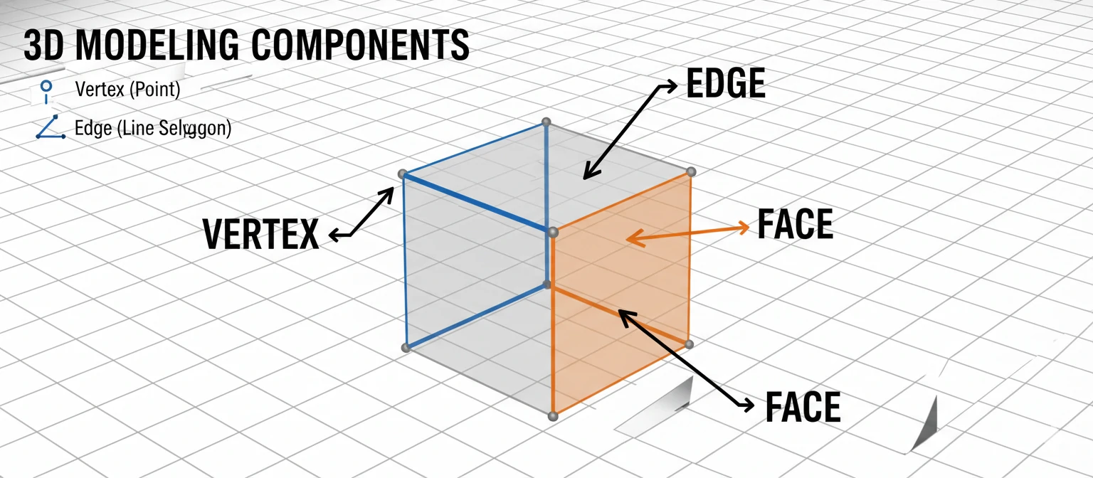 Detailed diagram showing vertices, edges, and faces in 3D modeling