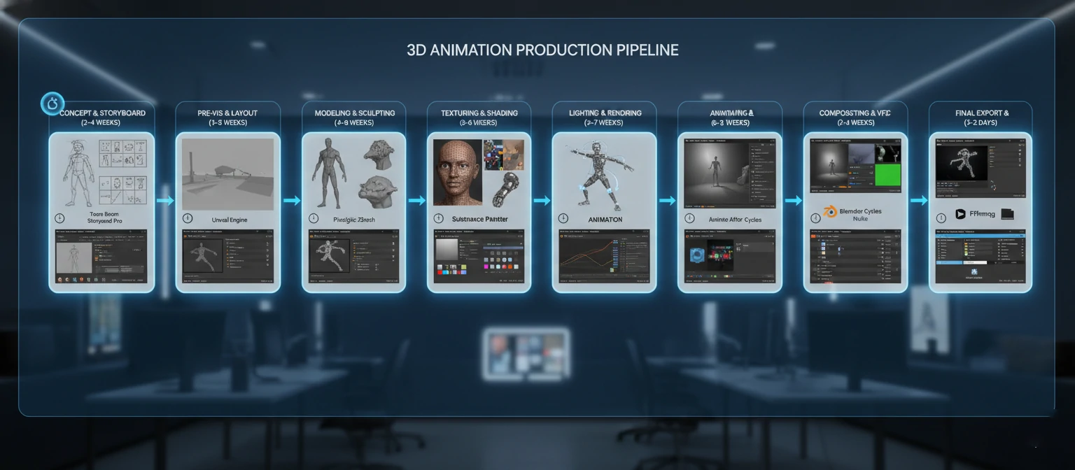 Detailed flowchart showing the 3D animation pipeline