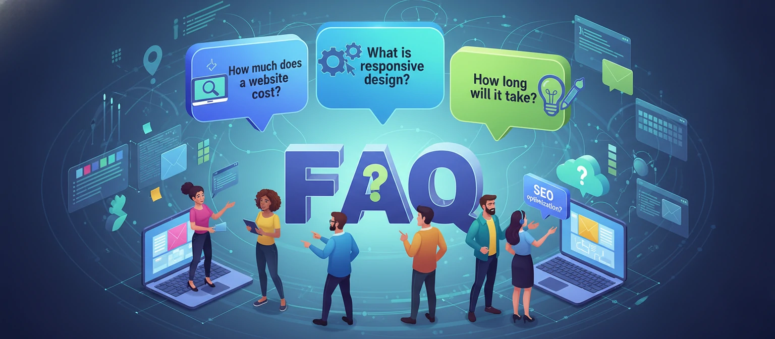 FAQ concept illustration with question marks, speech bubbles, and people asking questions about web design