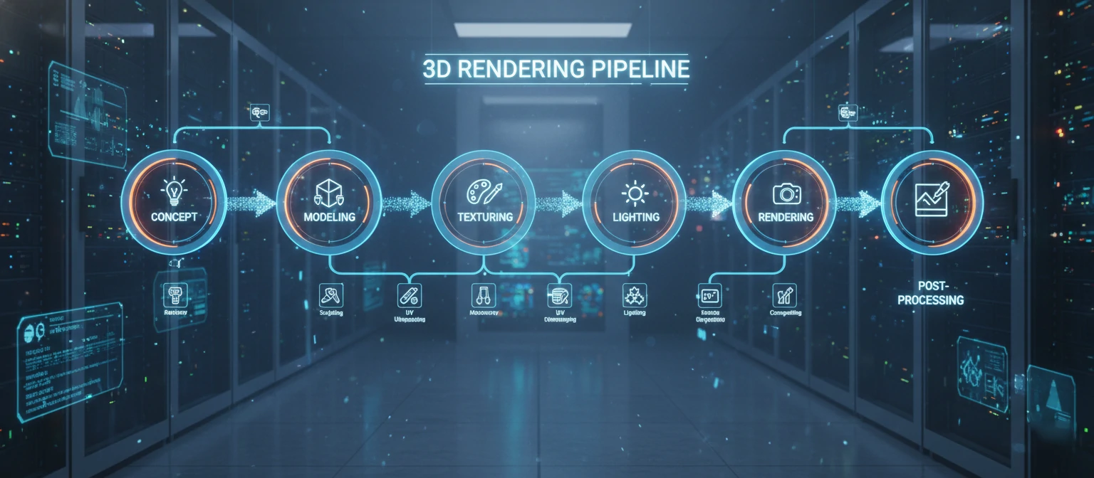Flowchart diagram showing the complete 3D rendering pipeline