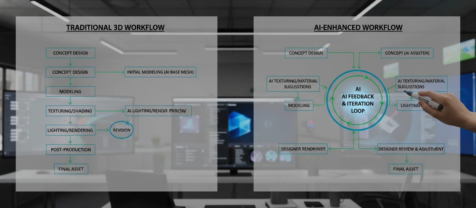 Flowchart diagram showing traditional 3D workflow vs. AI-enhanced workflow