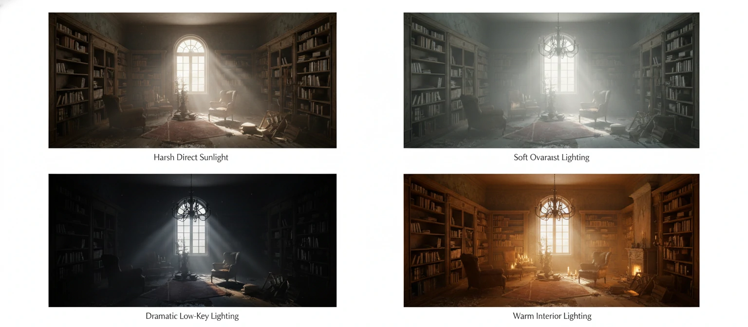 Four-panel grid showing the same 3D scene under different lighting setups