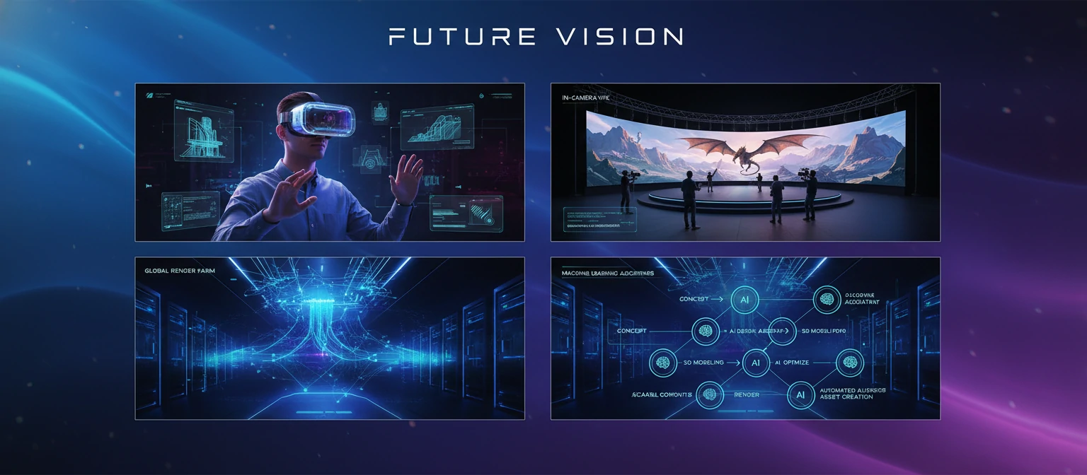 Future Vision A collage or composite image showing emerging technologies in 3D rendering