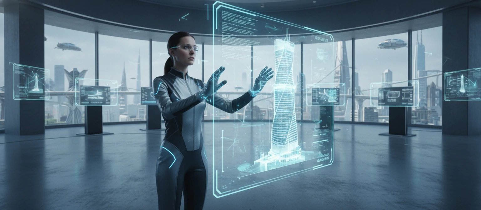 Futuristic concept showing architect using holographic AR interface to manipulate 3D building model