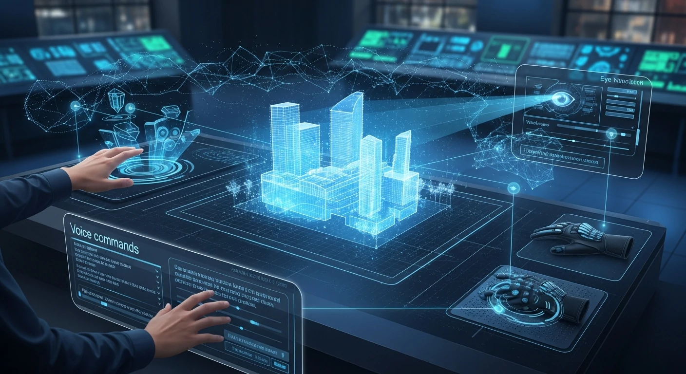 Futuristic interface concept showing multiple input methods controlling AI 3D design