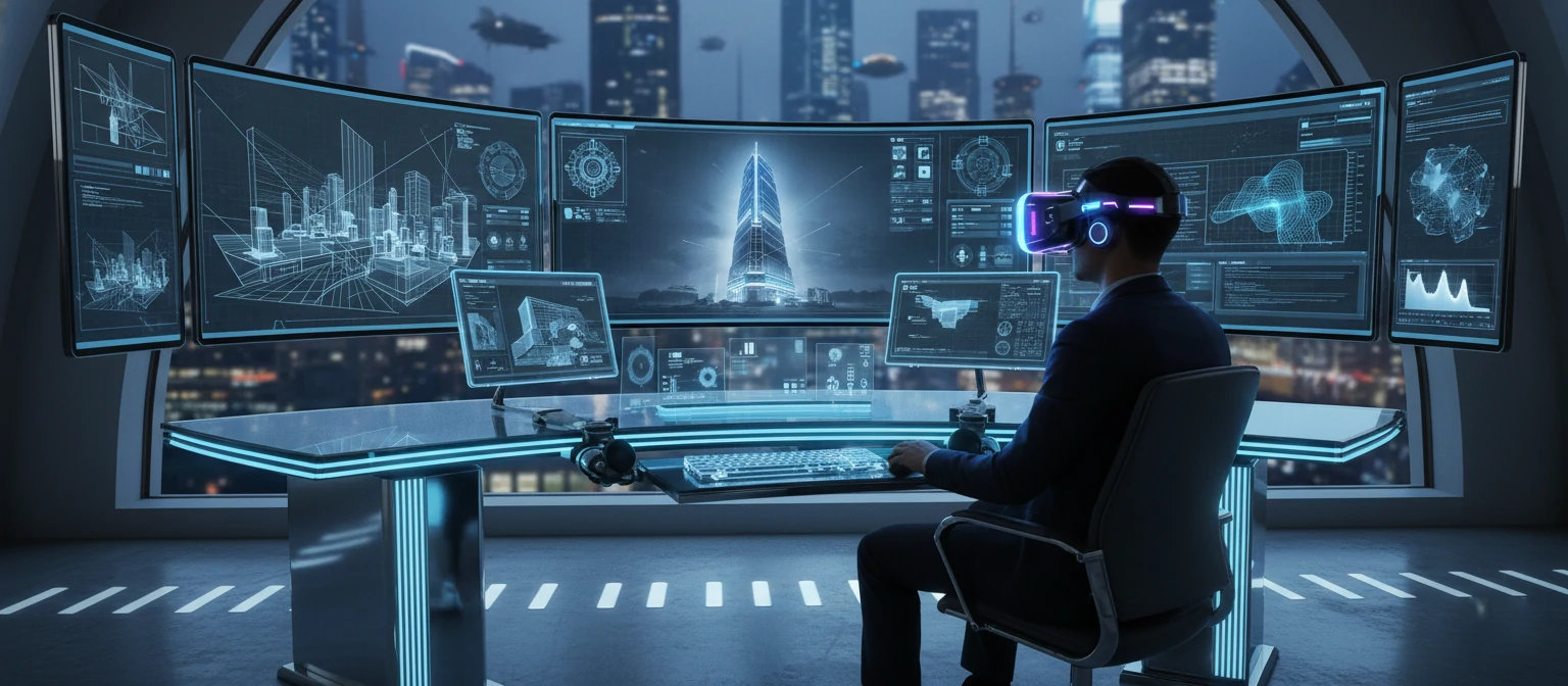 Futuristic visualization workstation with VR headset, multiple monitors showing real-time ray tracing