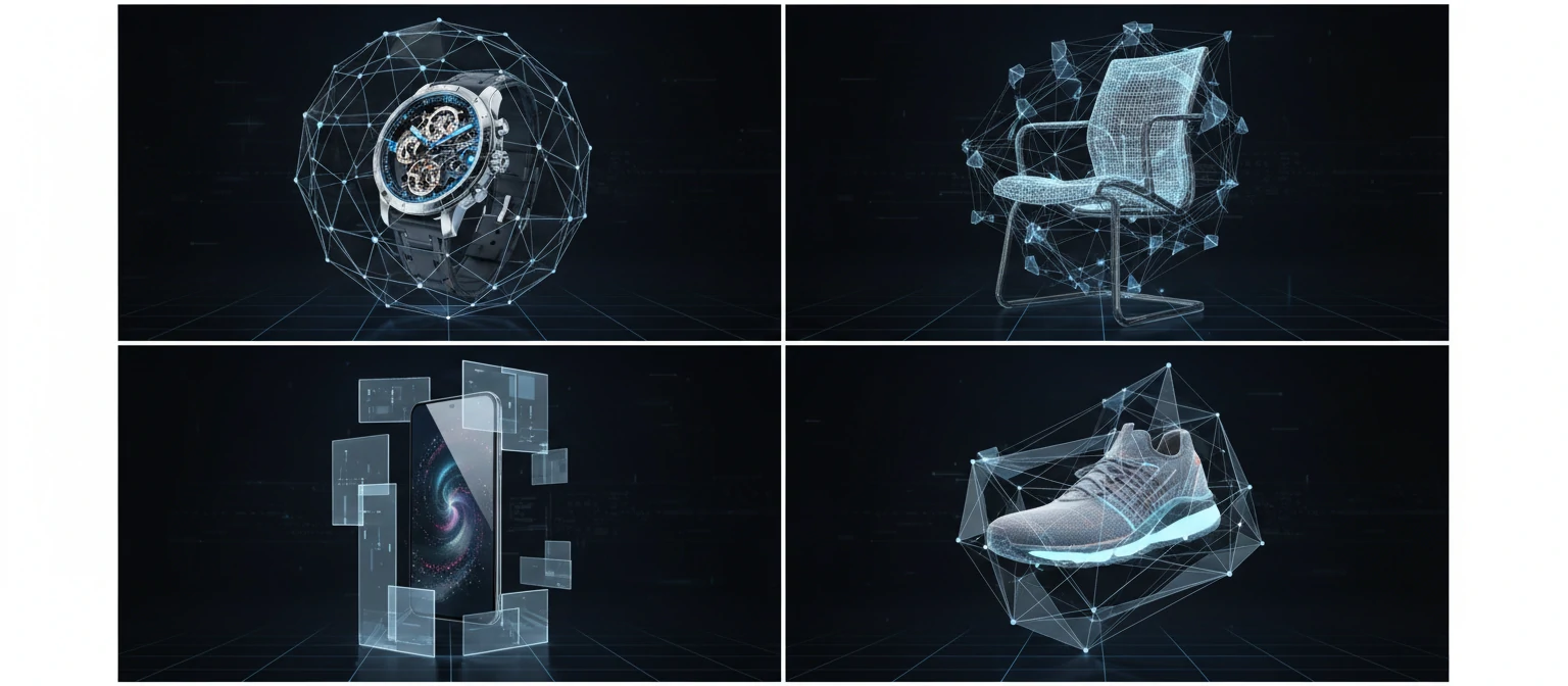 Grid showing the same 3D visualization technique applied across different product categories