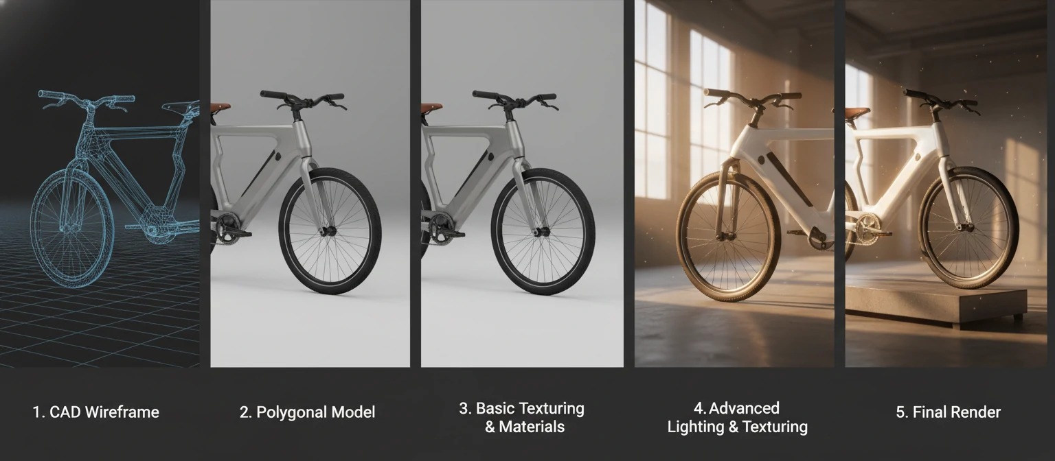 Hero Banner A split-screen comparison showing a basic CAD wireframe on the left transforming into a photorealistic rendered scene