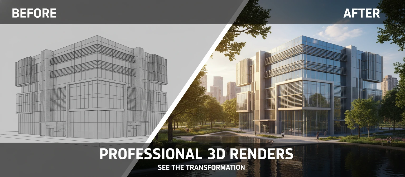 Hero image showcasing before-after comparison of professional 3D renders