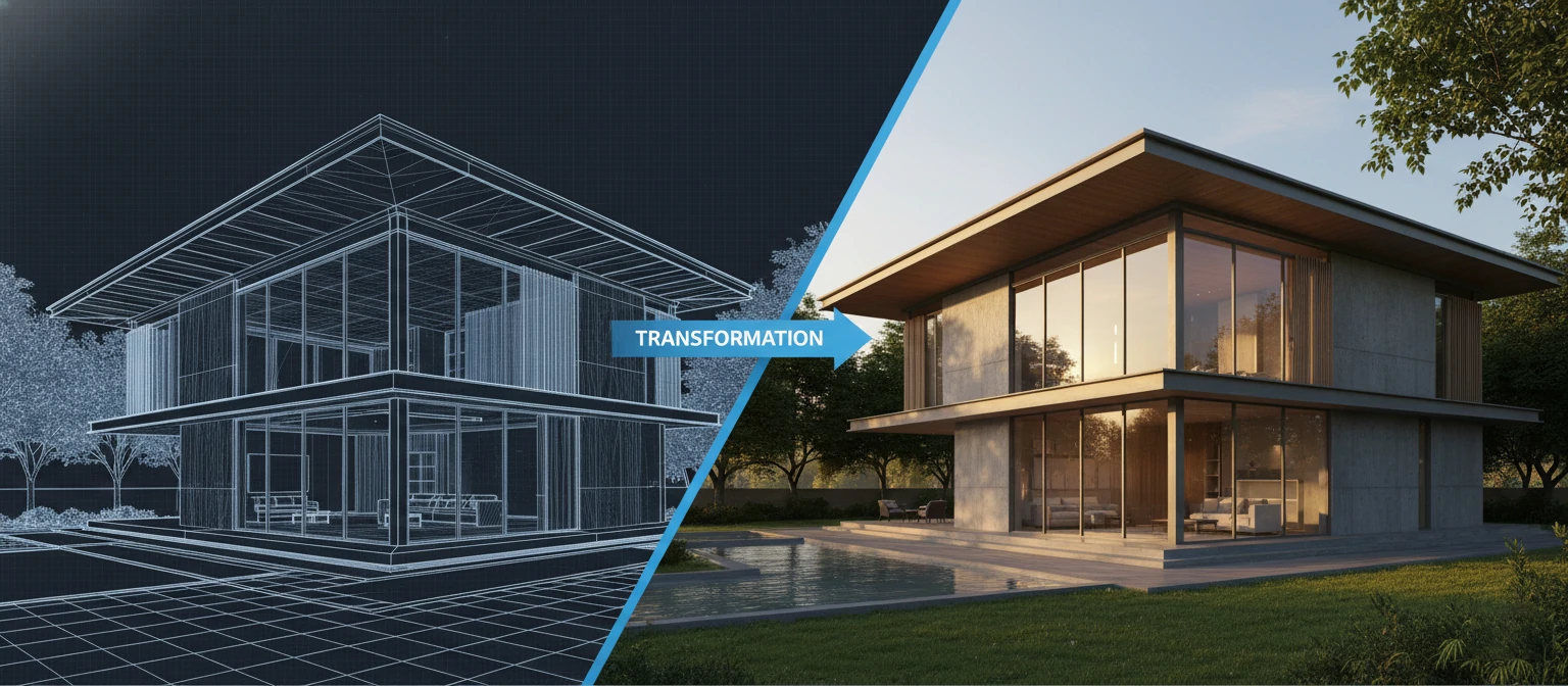 Hero image showing a split-screen comparison of a CAD wireframe