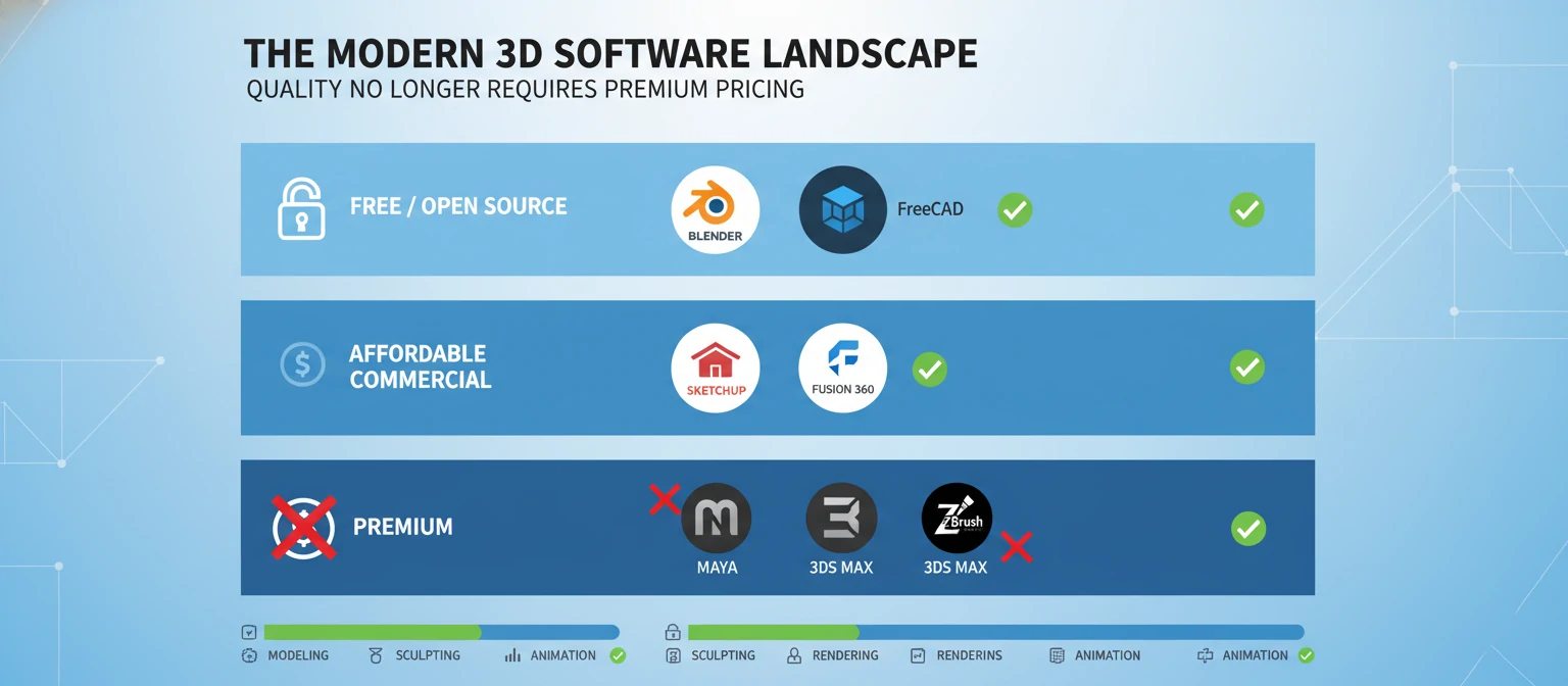 Infographic showing the 3D software ecosystem with three tiers