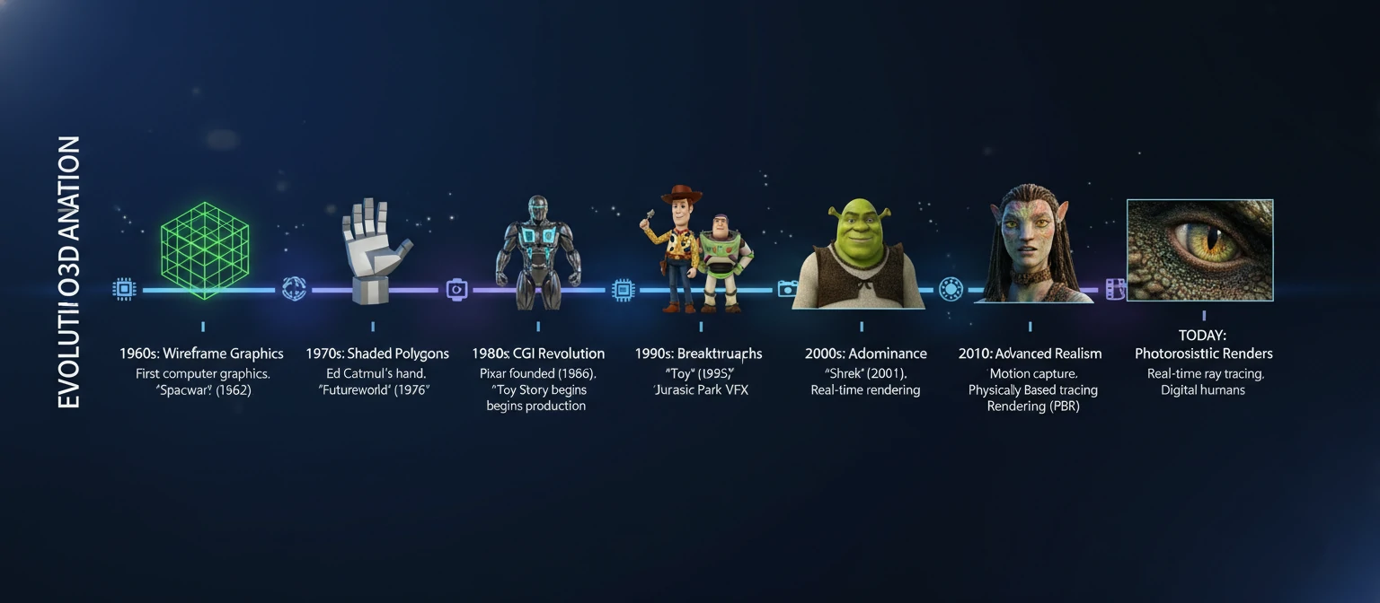 Infographic showing the evolution of 3D animation from early computer graphics to modern photorealistic renders