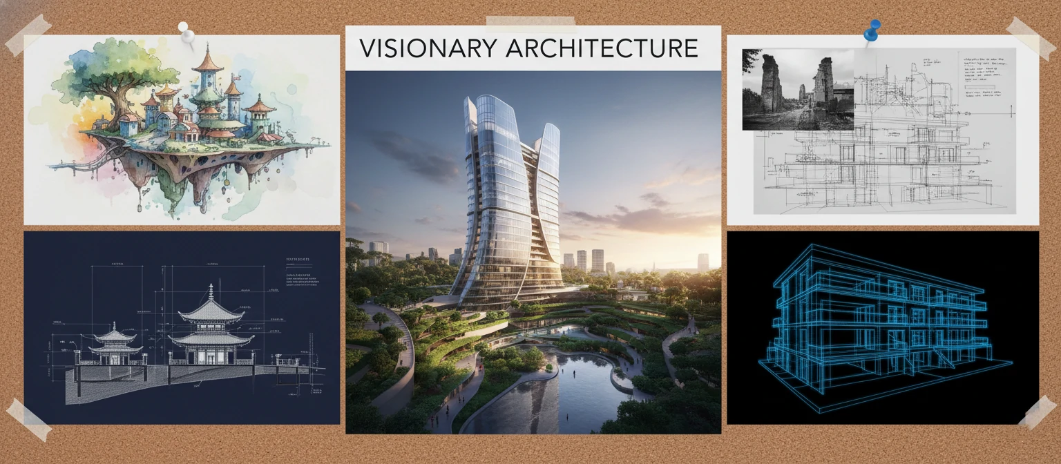Inspirational collage of diverse architectural visualization styles