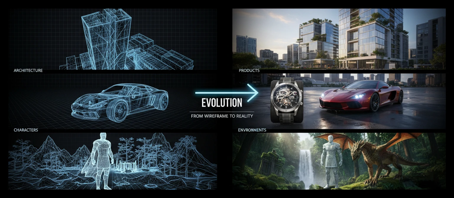 Inspirational montage showing the evolution from simple 3D wireframes