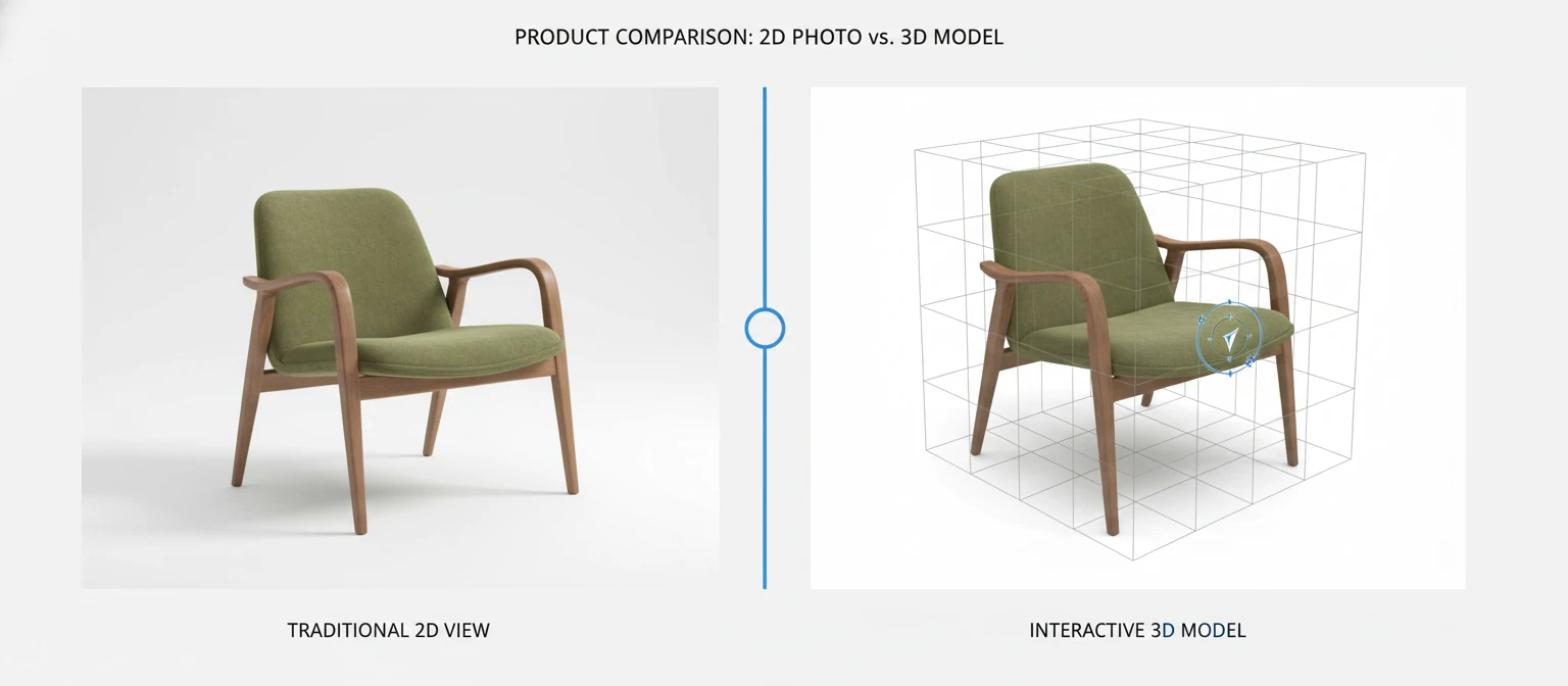 Interactive comparison slider showing a traditional 2D product photo on the left versus a rotatable 3D model