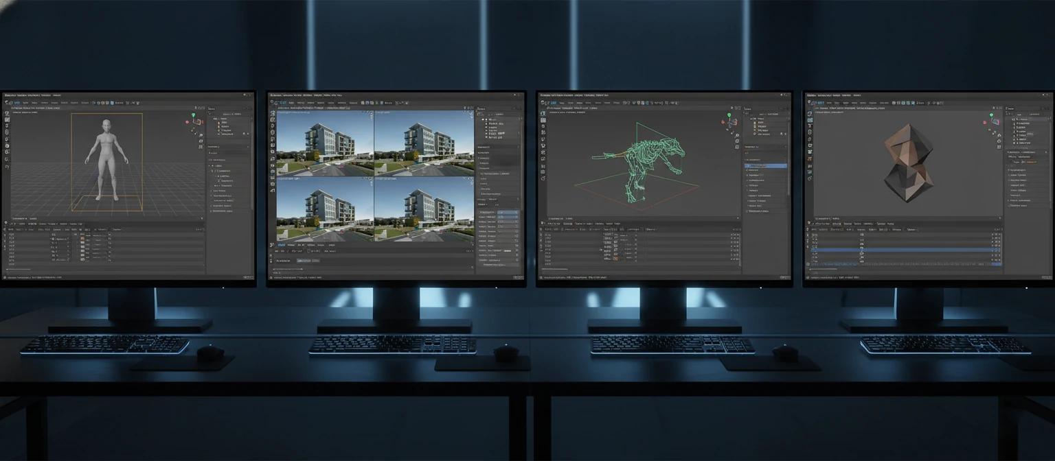 Interface comparison showing multiple 3D software applications