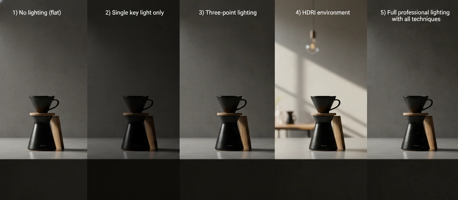 Lighting Comparison A grid showing the same product or interior scene lit with different approaches