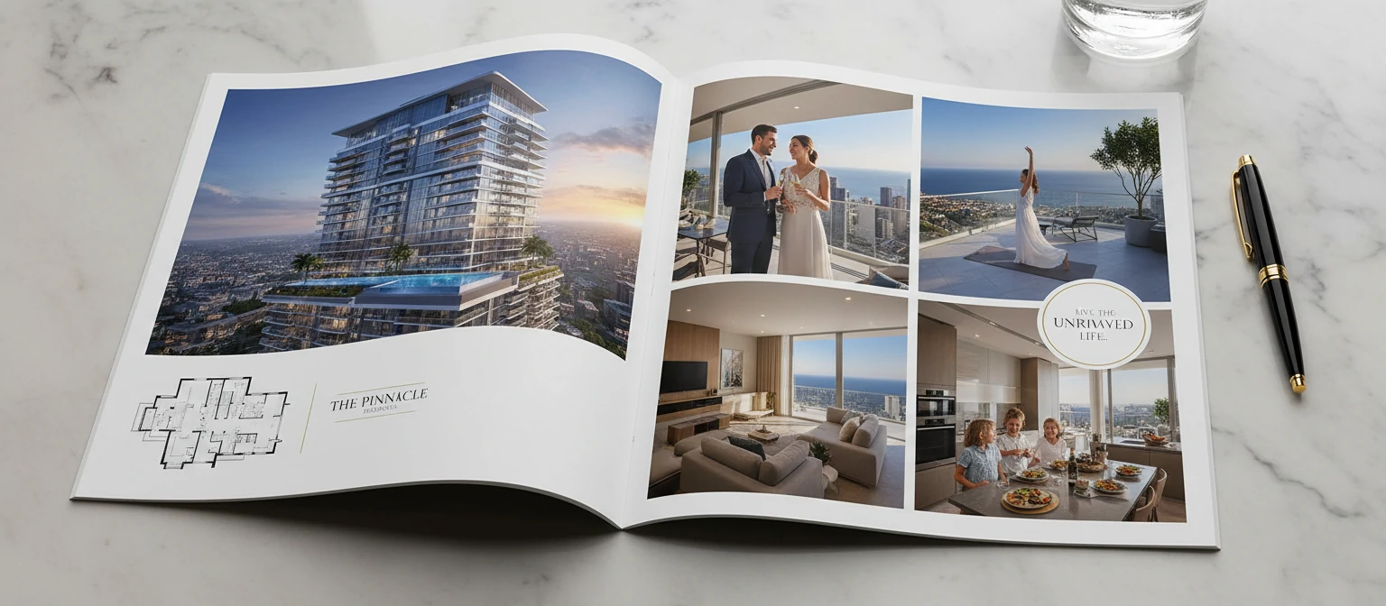 Marketing brochure spread featuring luxury condominium renderings with lifestyle imagery