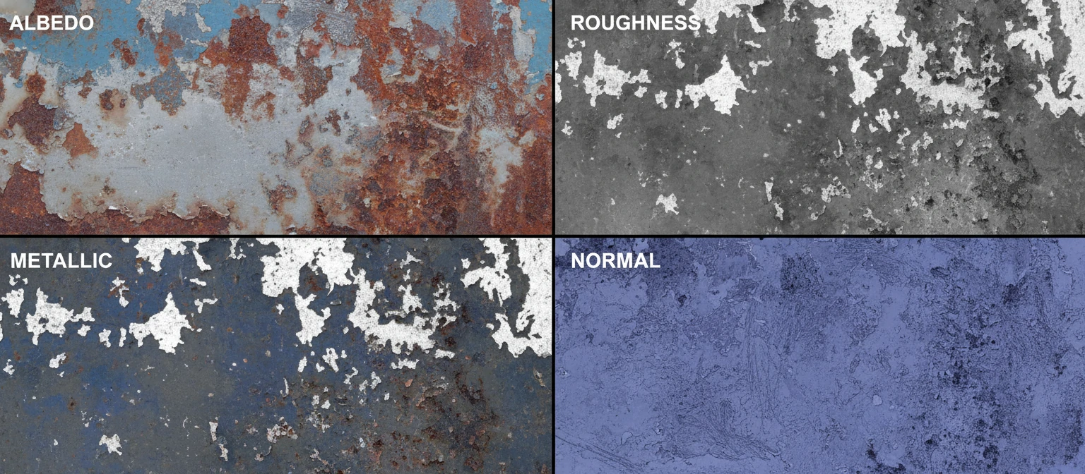 Material breakdown showing albedo, roughness, metallic, and normal maps