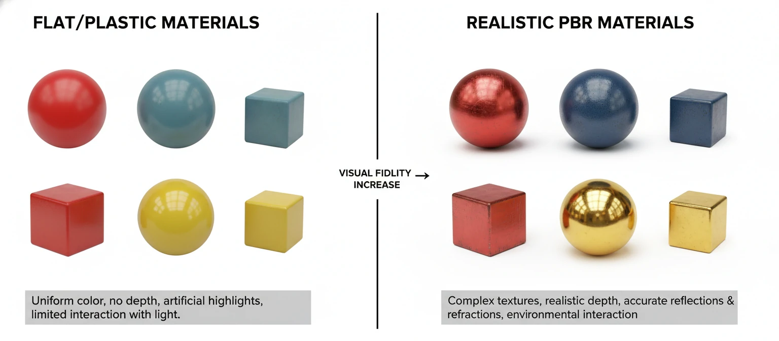 Material comparison chart showing flat-plastic materials vs. realistic PBR materials