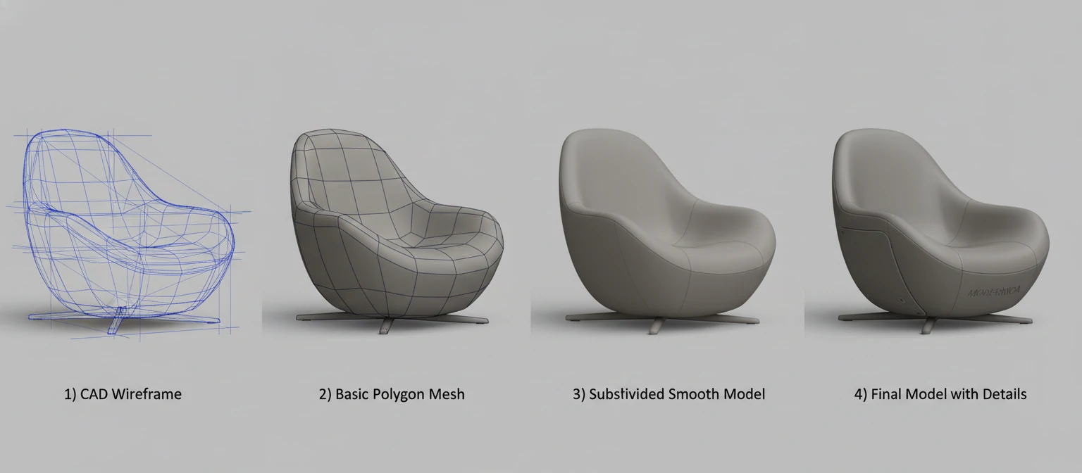 Modeling Progression A sequence showing the same product (e.g., a modern chair) in four stages