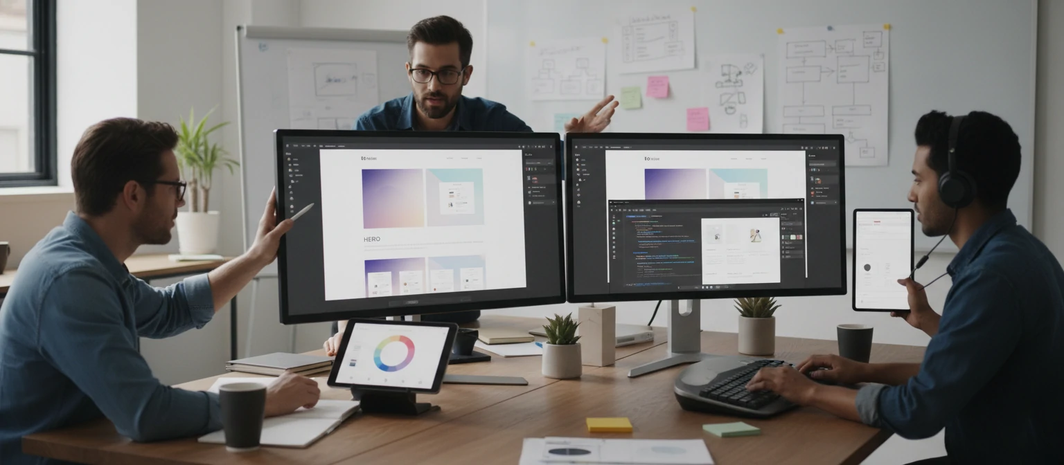 Modern web design workspace showing designers collaborating on multiple screens