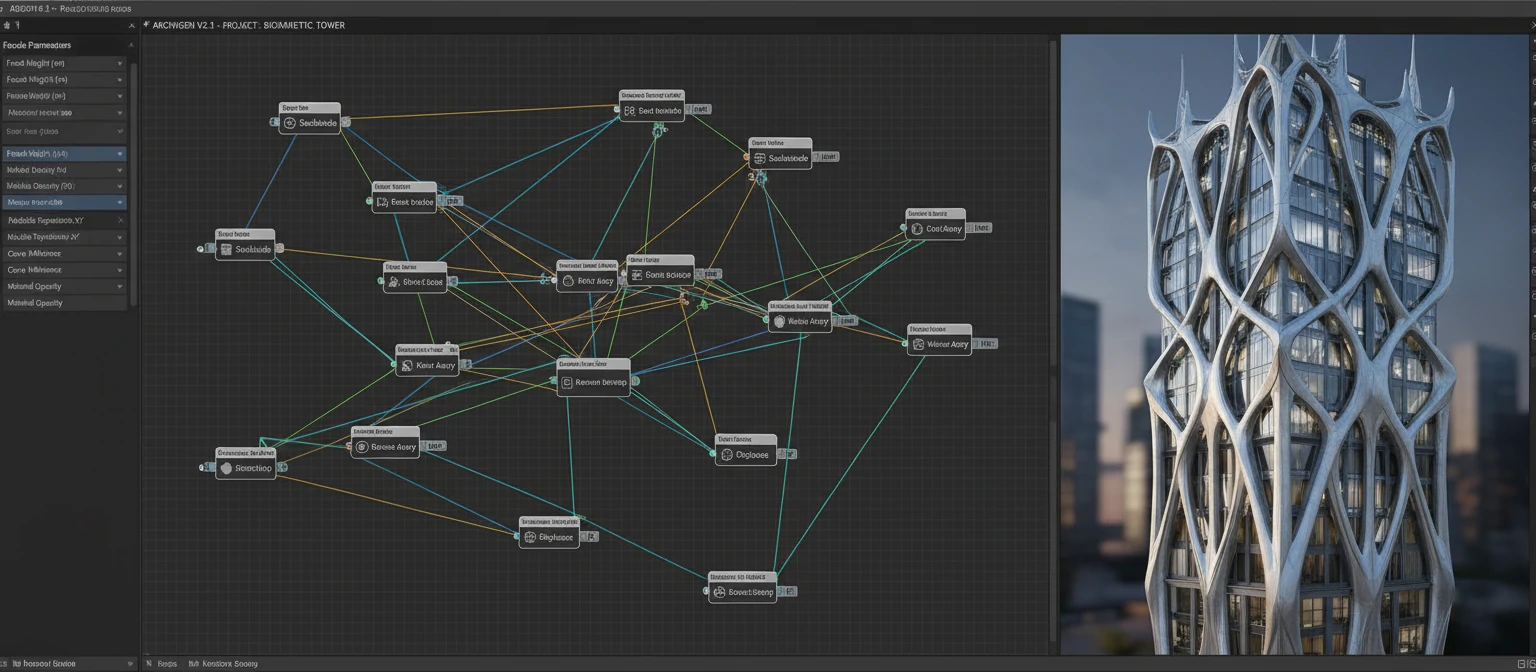 Node-based procedural system interface showing the generation of a complex architectural