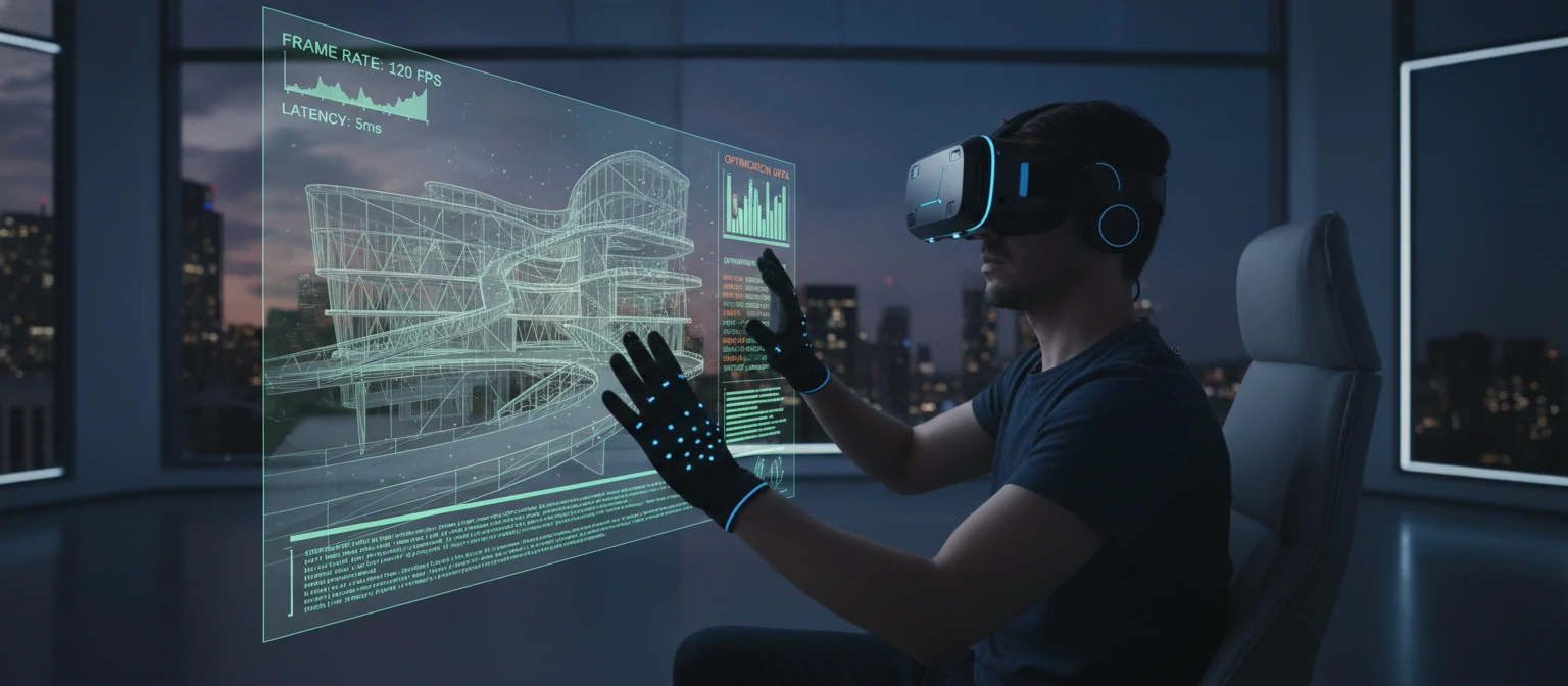 Person wearing VR headset viewing an architectural space