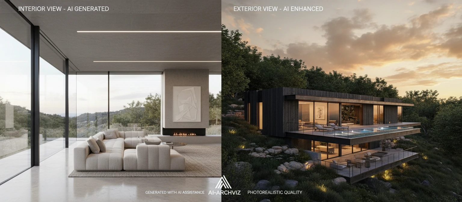 Photorealistic architectural rendering showing interior and exterior views generated with AI assistance