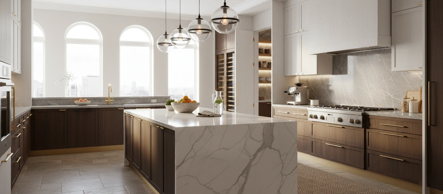 Photorealistic interior rendering showcasing luxury kitchen with perfect lighting
