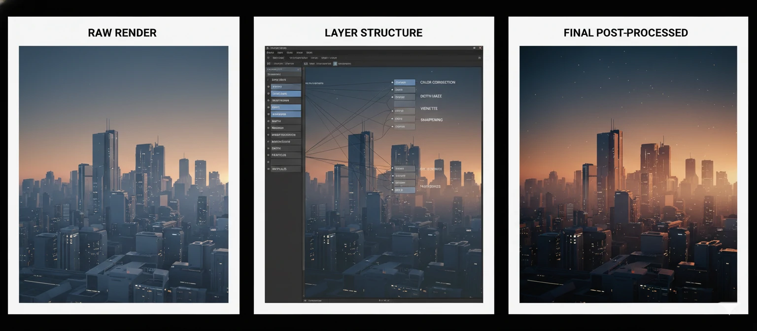 Post-Processing Pipeline A before-and-after comparison showing a raw render and the final post-processed version
