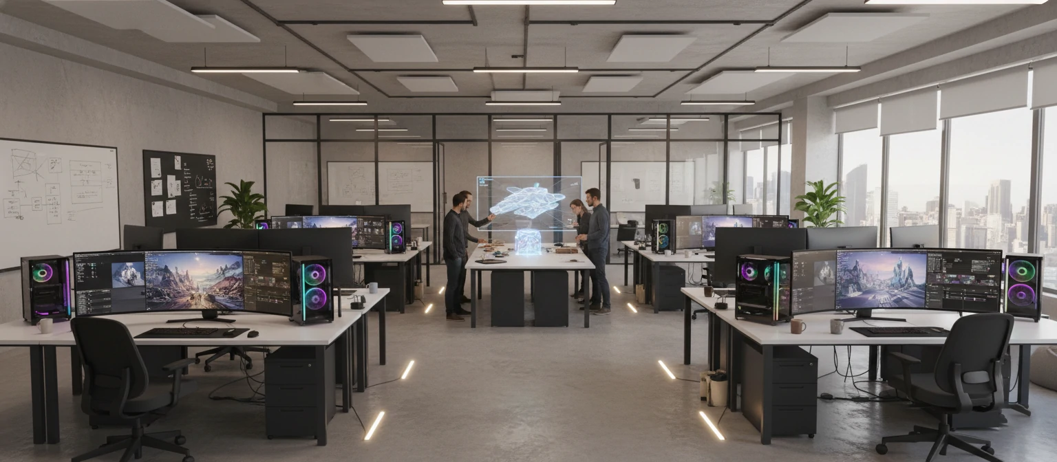 Professional 3D rendering studio setup showing multiple workstations