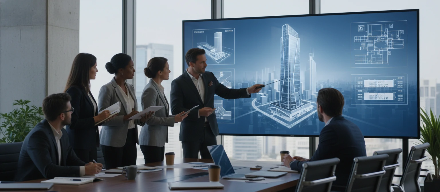 Professional team meeting reviewing architectural renderings on large display screen