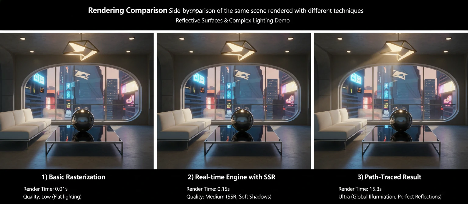 Rendering Comparison Side-by-side comparison of the same scene rendered with different techniques