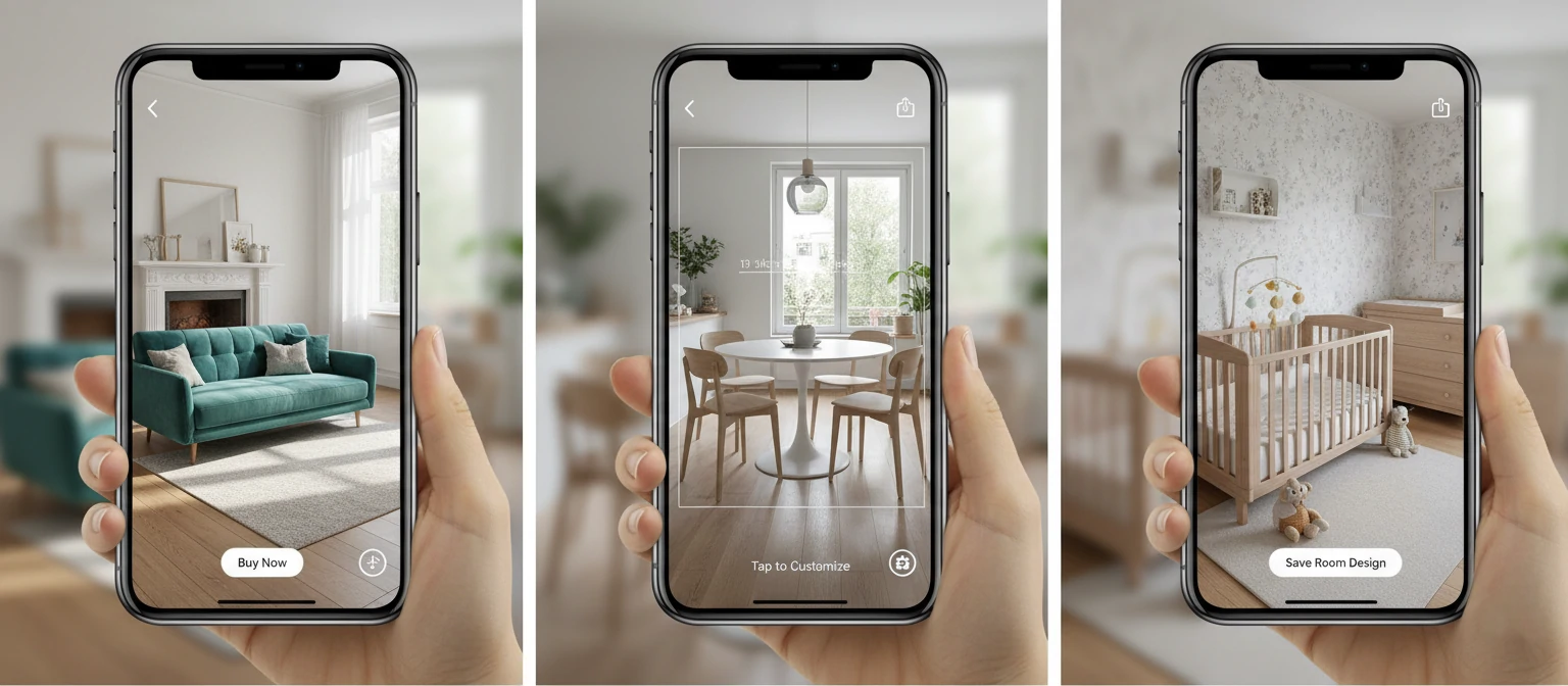 Screenshot examples from successful AR shopping apps showing furniture placement in real rooms