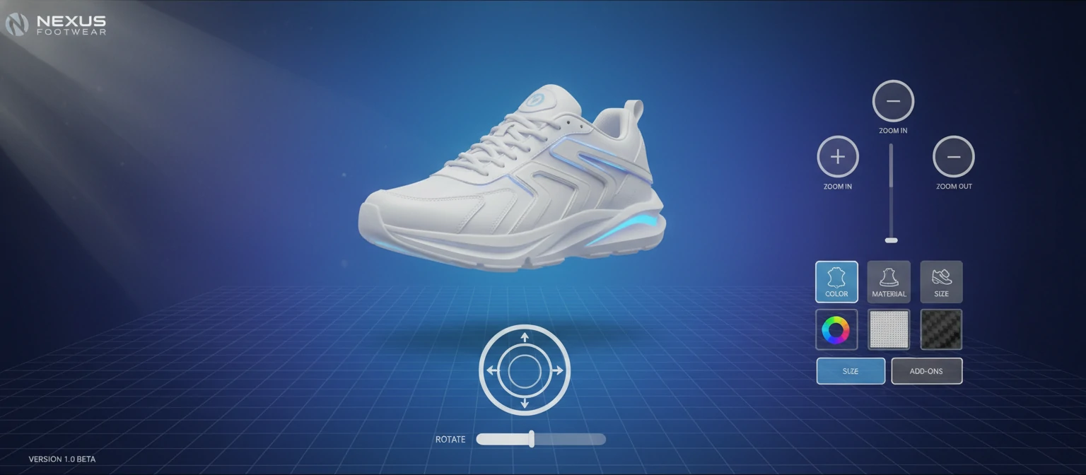 Screenshot of an interactive 3D product viewer showing rotation controls, zoom options, and customization buttons