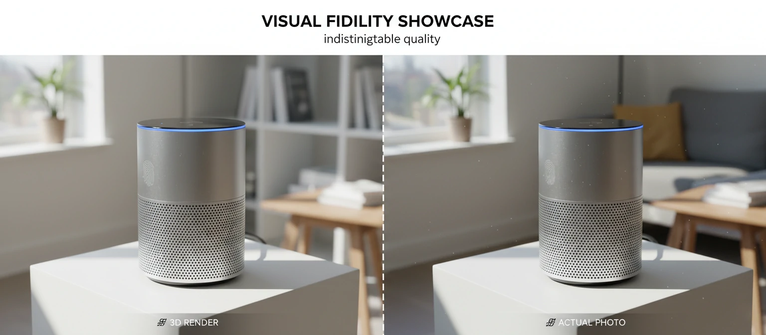 Side-by-side comparison of a 3D rendered product and actual photograph