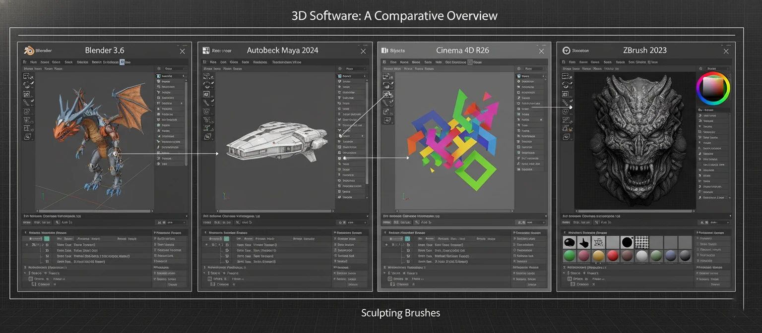 Side-by-side comparison of popular 3D software interfaces