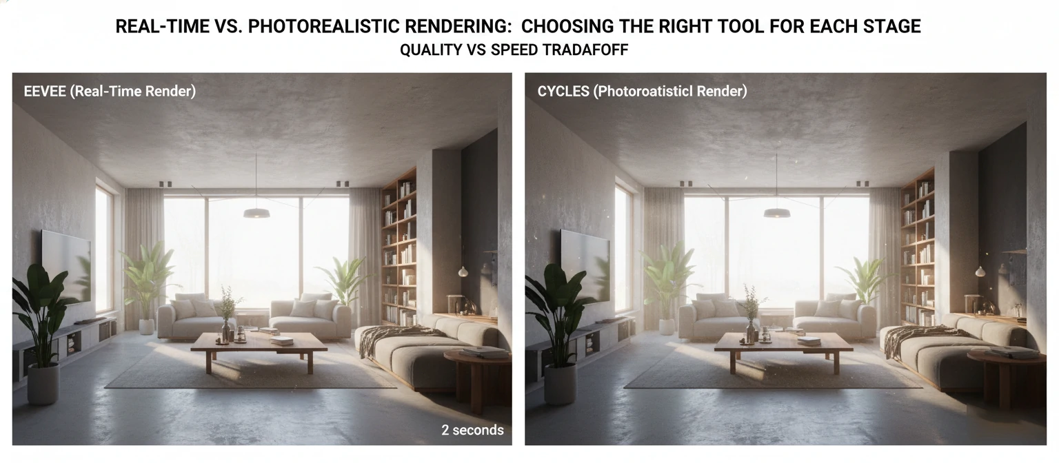 Side-by-side comparison of the same architectural interior