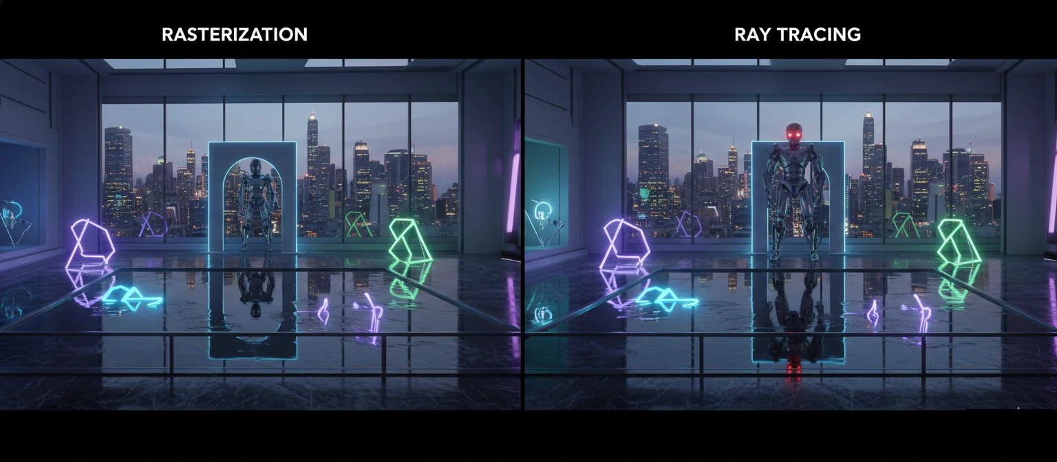 Side-by-side comparison of the same scene rendered with traditional rasterization (left) and ray tracing (right)