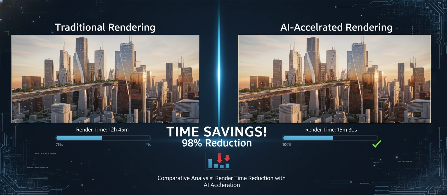 Side-by-side comparison of traditional rendering vs. AI-accelerated rendering