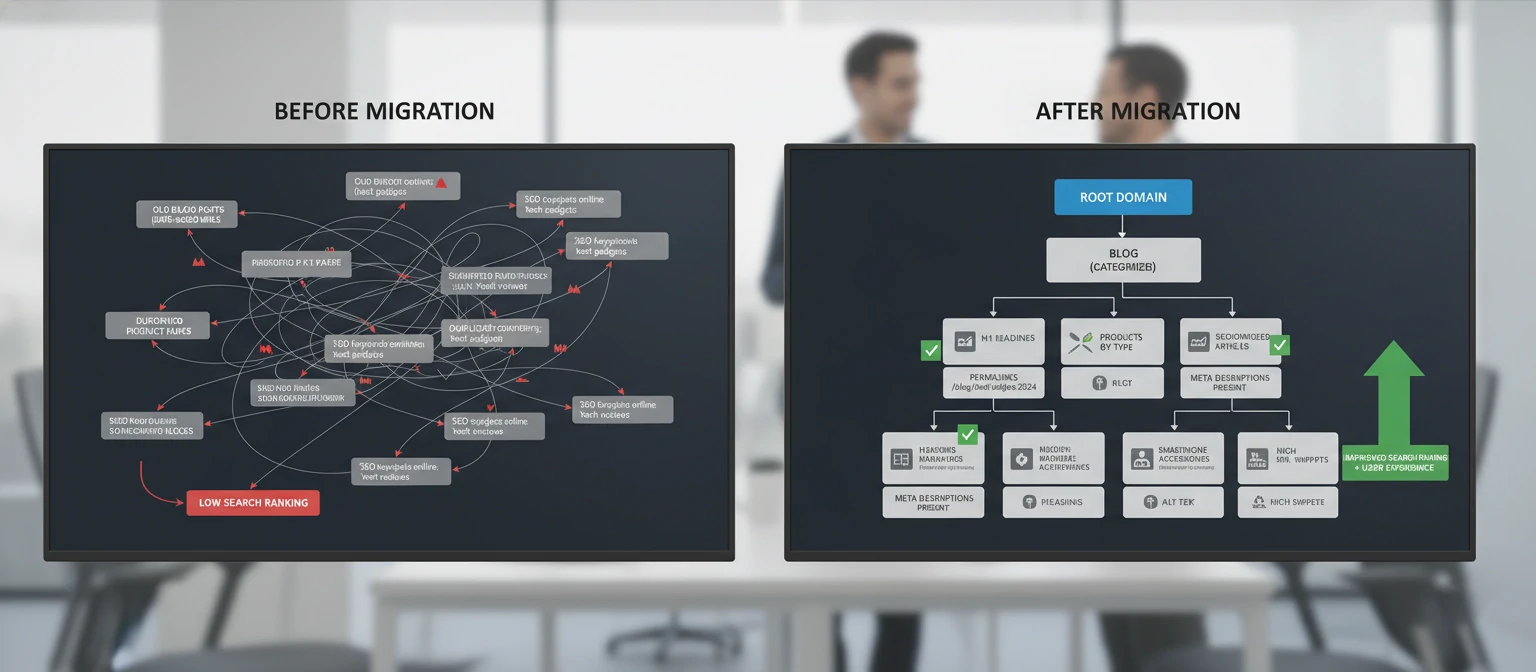 Side-by-side comparison showing content structure before and after migration