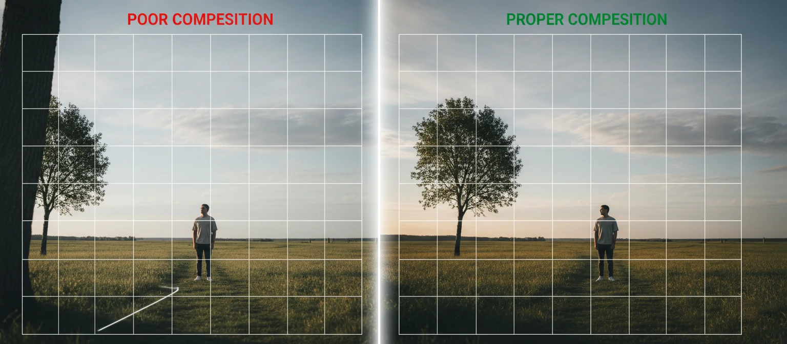 Side-by-side comparison showing poor vs. proper scene composition with grid overlay