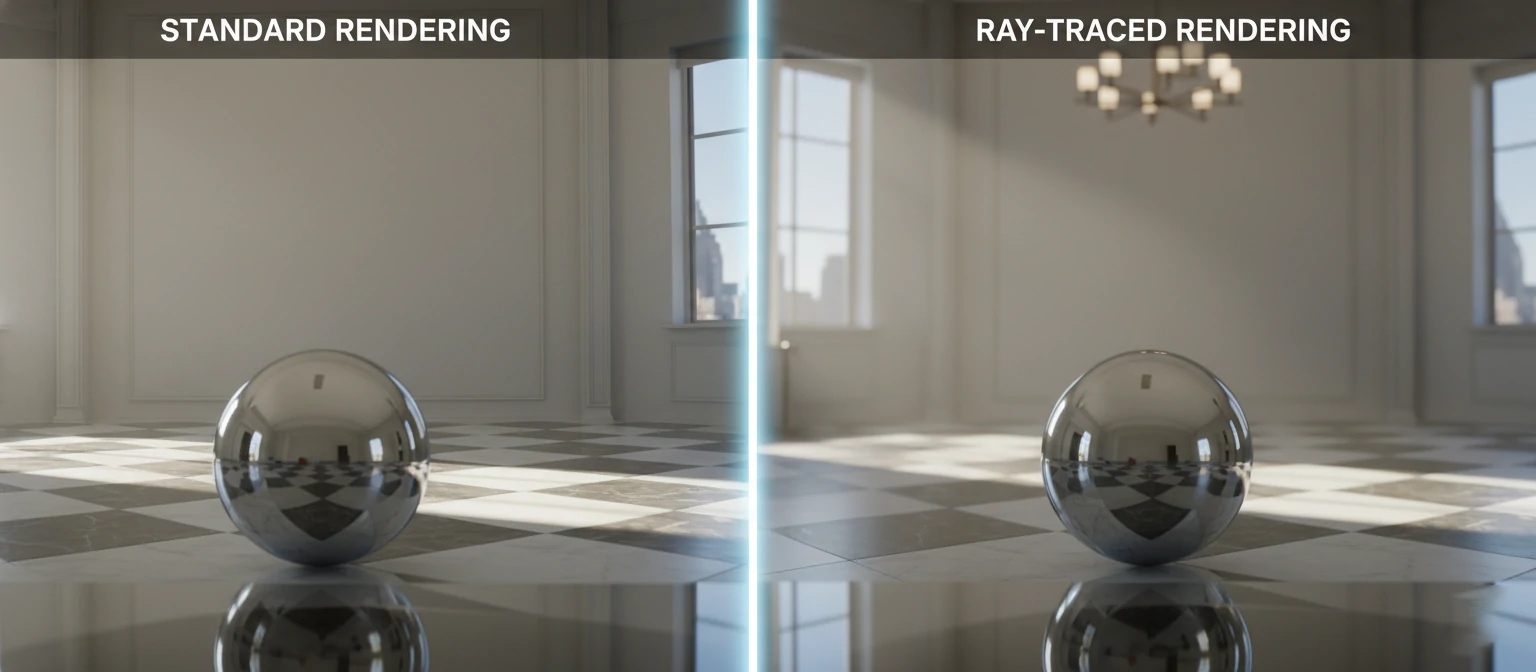 Side-by-side comparison showing the difference between standard rendering and ray-traced rendering